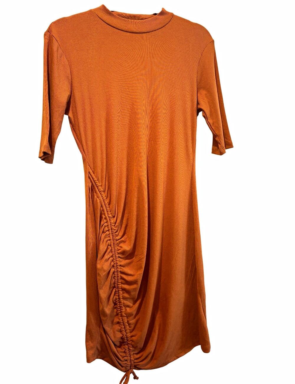 Heart & Hips Rust Orange Brown Ribbed Bodycon Shirt Dress Ruched Short Sleeve L